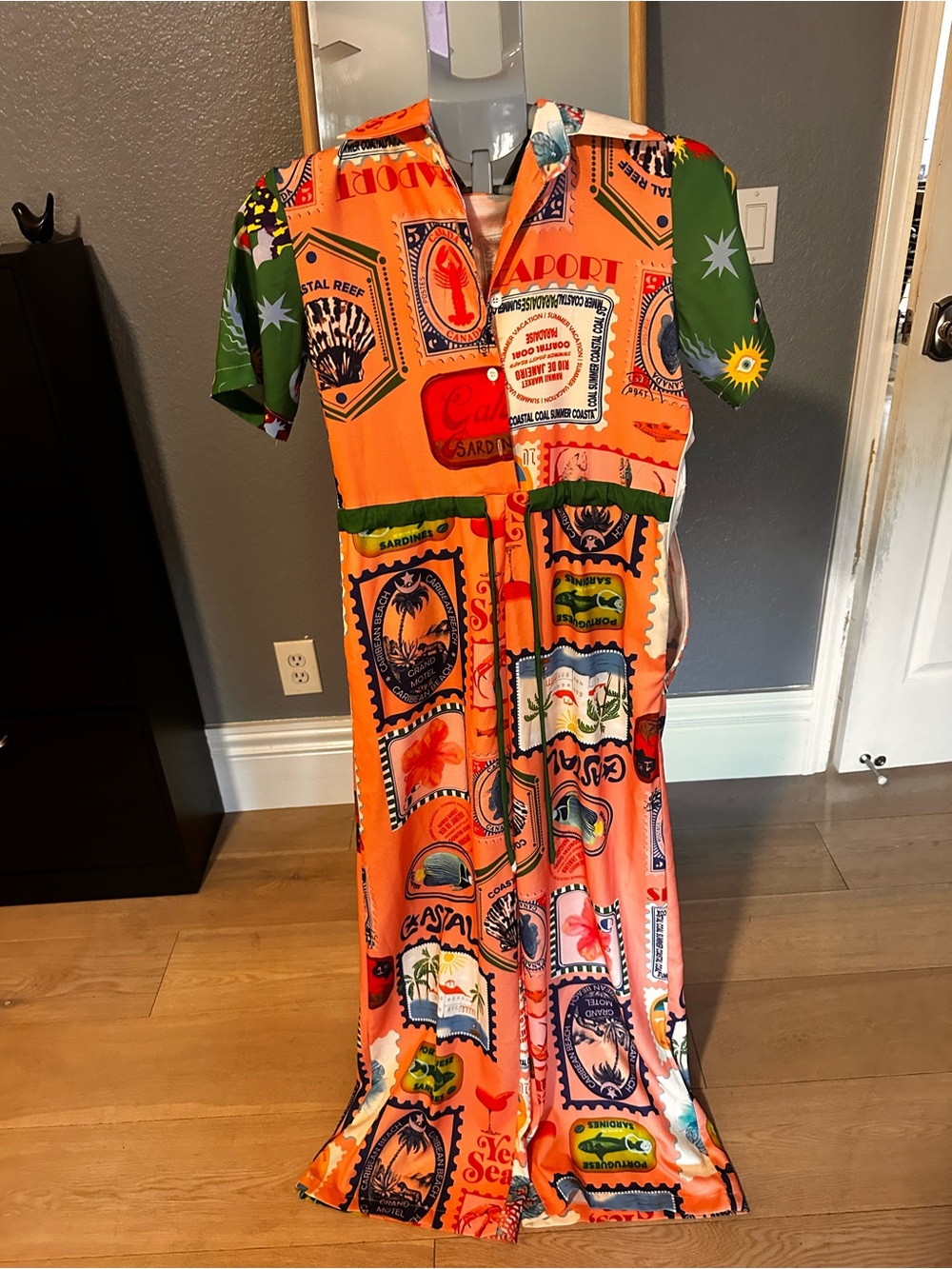 Vibrant Orange Graphic Print Resort Jumpsuit. New